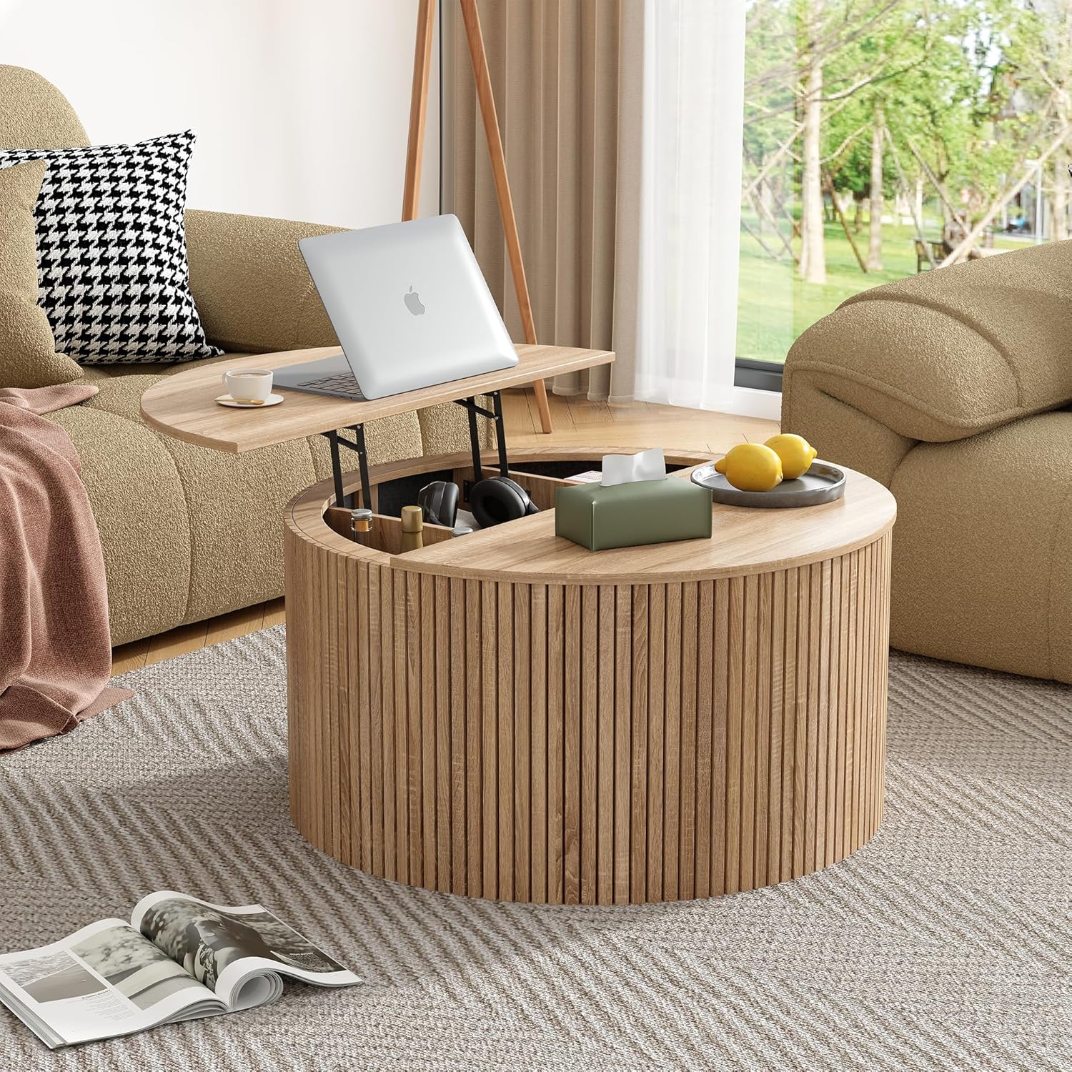 Round Fluted Lift Top Coffee Table, Mid Century Modern Center Table with Storage and Compartment, 2 Tier Small Circle Dining Table, for Living Room, Home Small Space, Natural