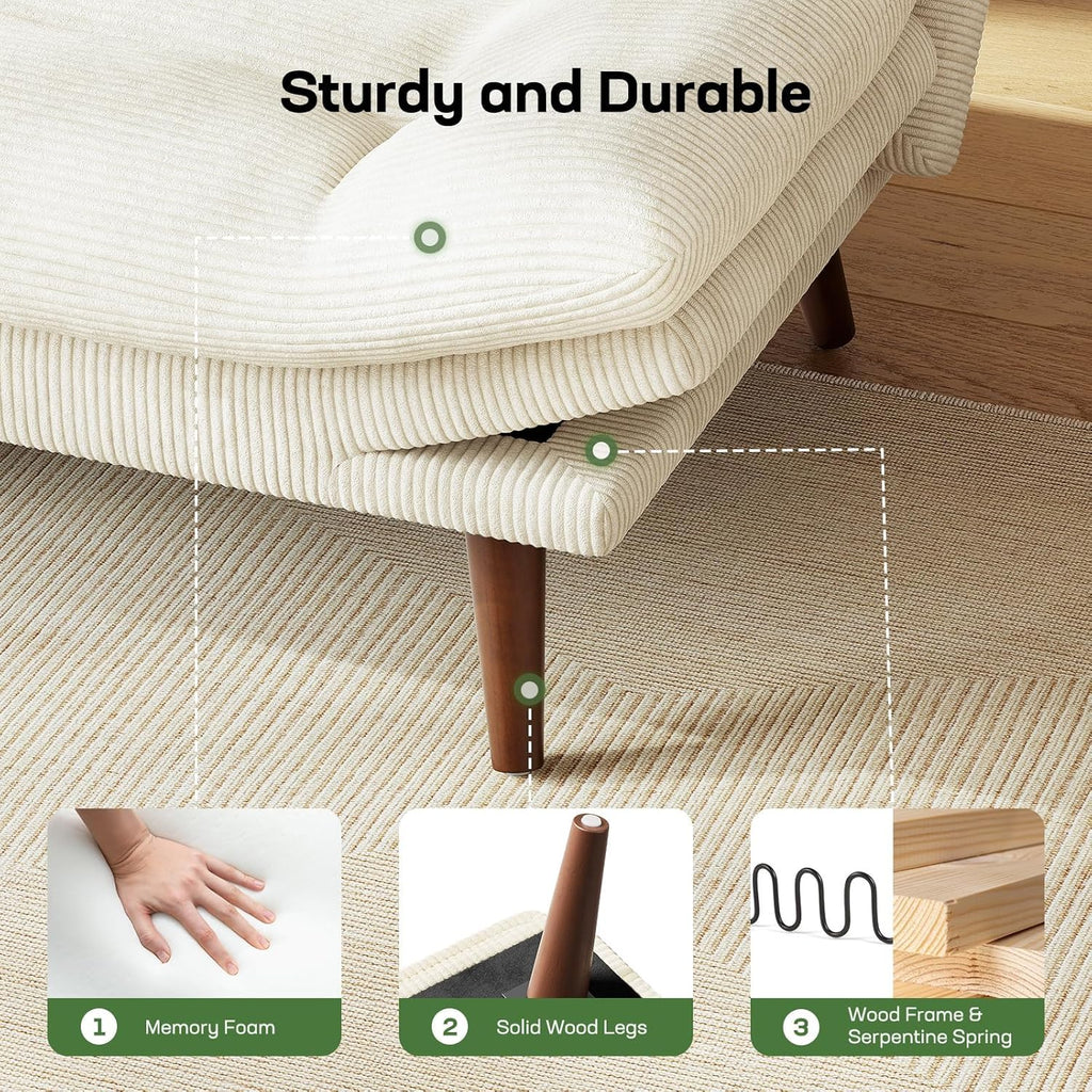 Marsail Futon Sofa Bed, Corduroy Futon Couch with Adjustable Backrest & Armrests, Convertible Small Sleeper Sofa Bed for Small Apartments, Study Room, Office, White