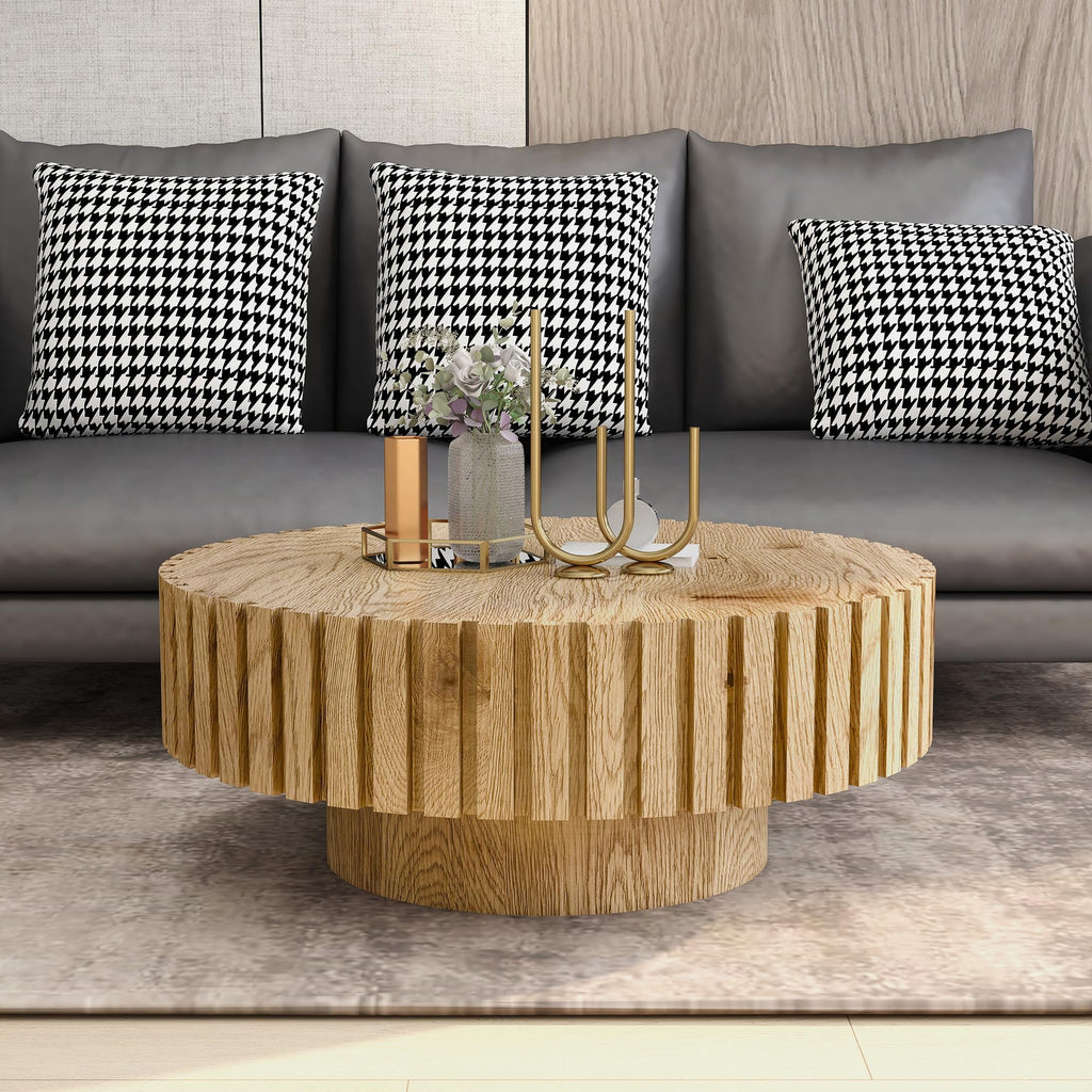 Round Coffee Table for Living Room Contemporary Wood Circle Fluted Coffee Table for Apartment, Easy Assembly ø31.49'', Wood Oak
