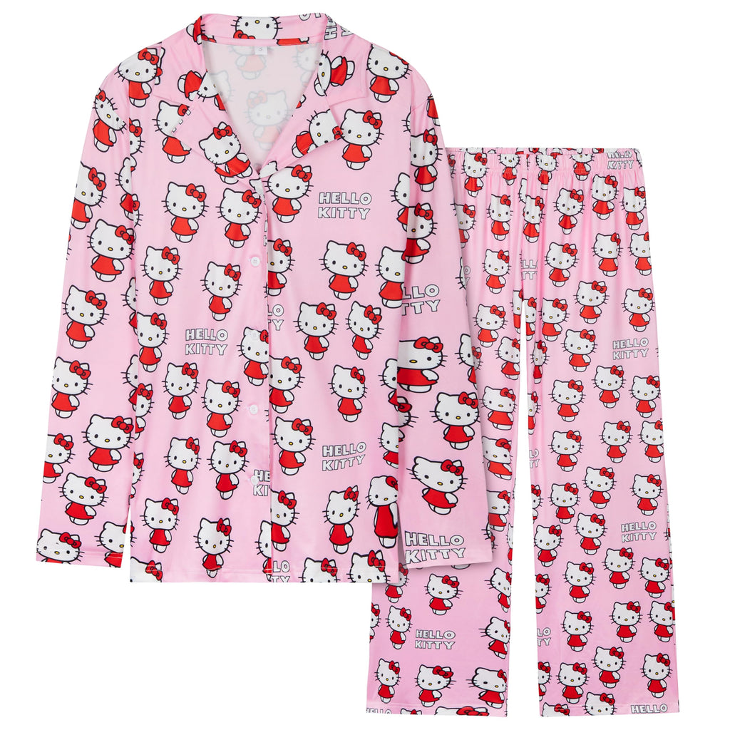Hello Kitty Pajamas for Women Teens Long PJs Comfy Kawaii Button Down Lounge Set (Pink, XL)