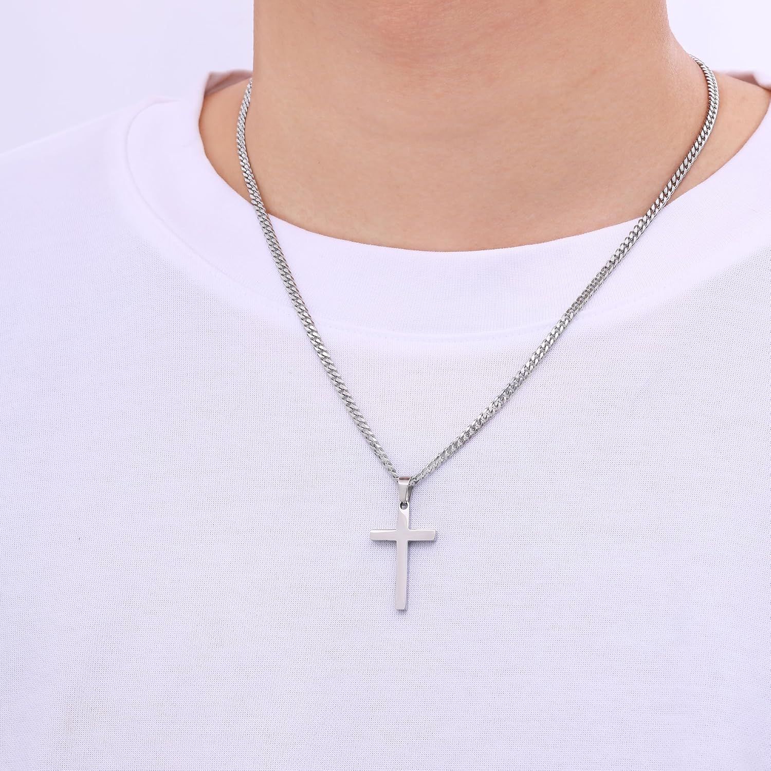 Fiusem Silver Tone Cross Necklace for Men, Mens Cross Necklaces with 3.5mm Chain and Stainless Steel Pendant, Cuban Chain 16-24 Inches