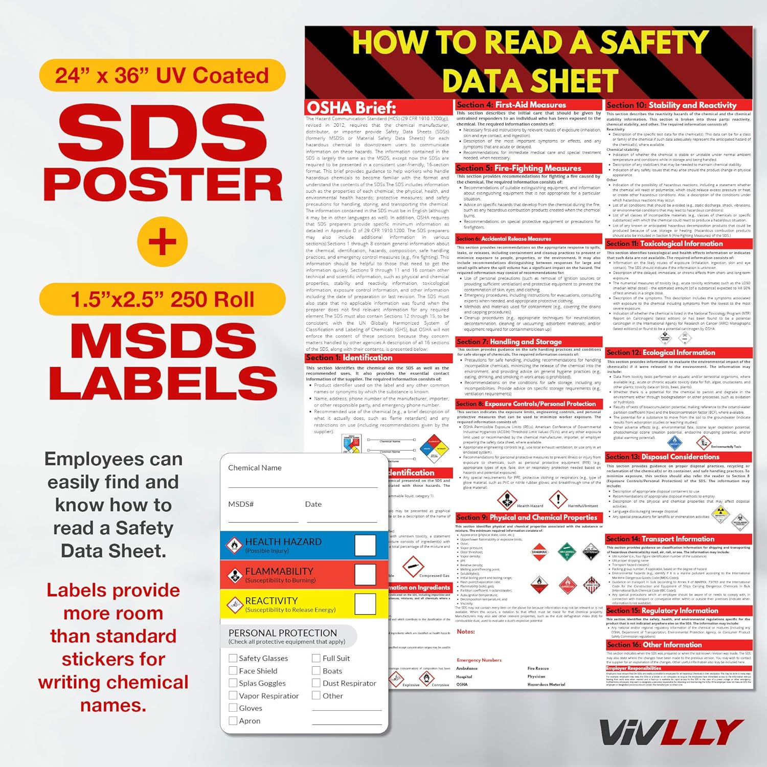 MSDS Wall Station with 3” SDS Binder & Wire Rack, OSHA/GHS Safety Data Sheet Station, Bilingual Labels, Display Sign, Chain & Mounting Hardware
