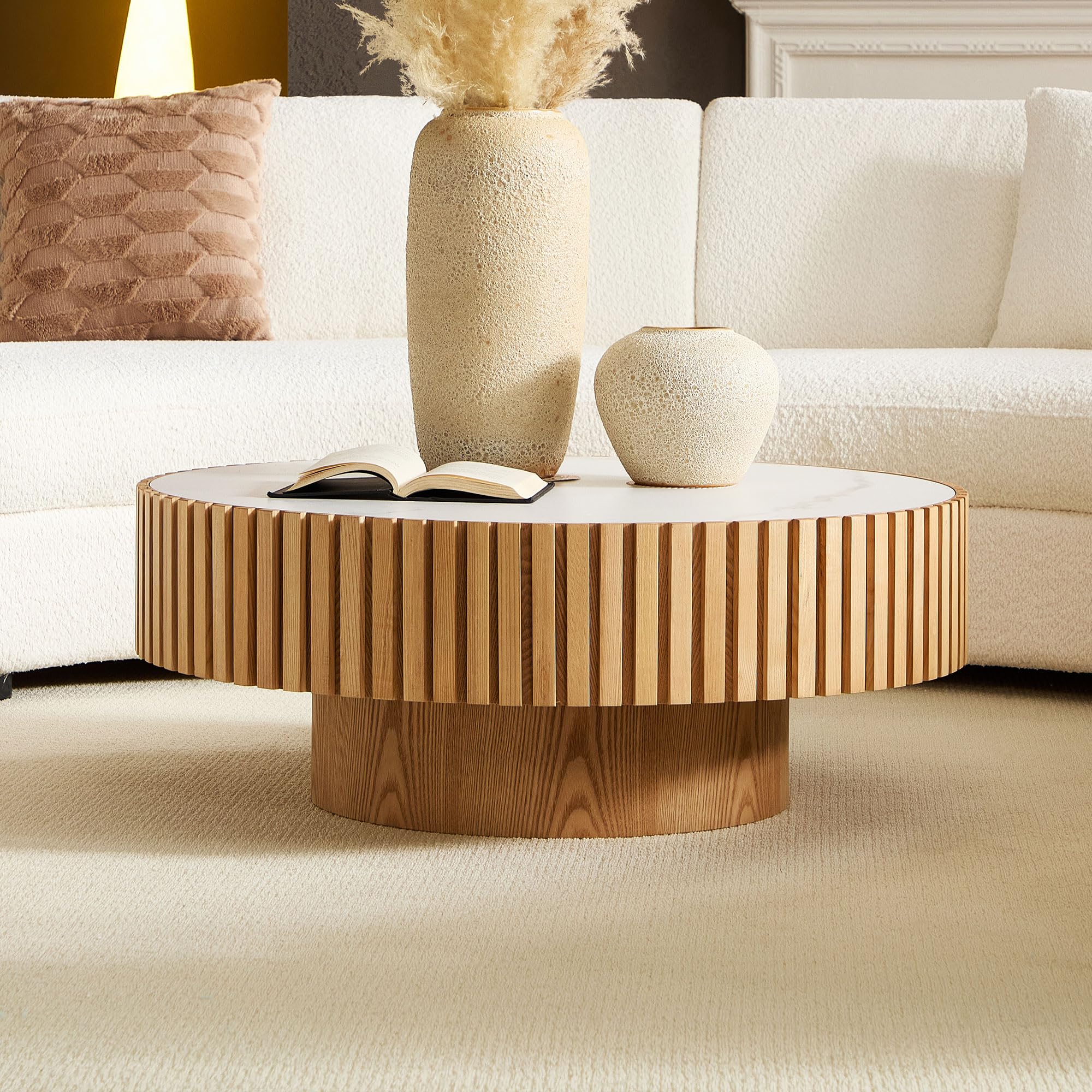 Round Coffee Table for Living Room Contemporary Wood Circle Fluted Coffee Table for Apartment, Easy Assembly ø31.49'', Wood Oak