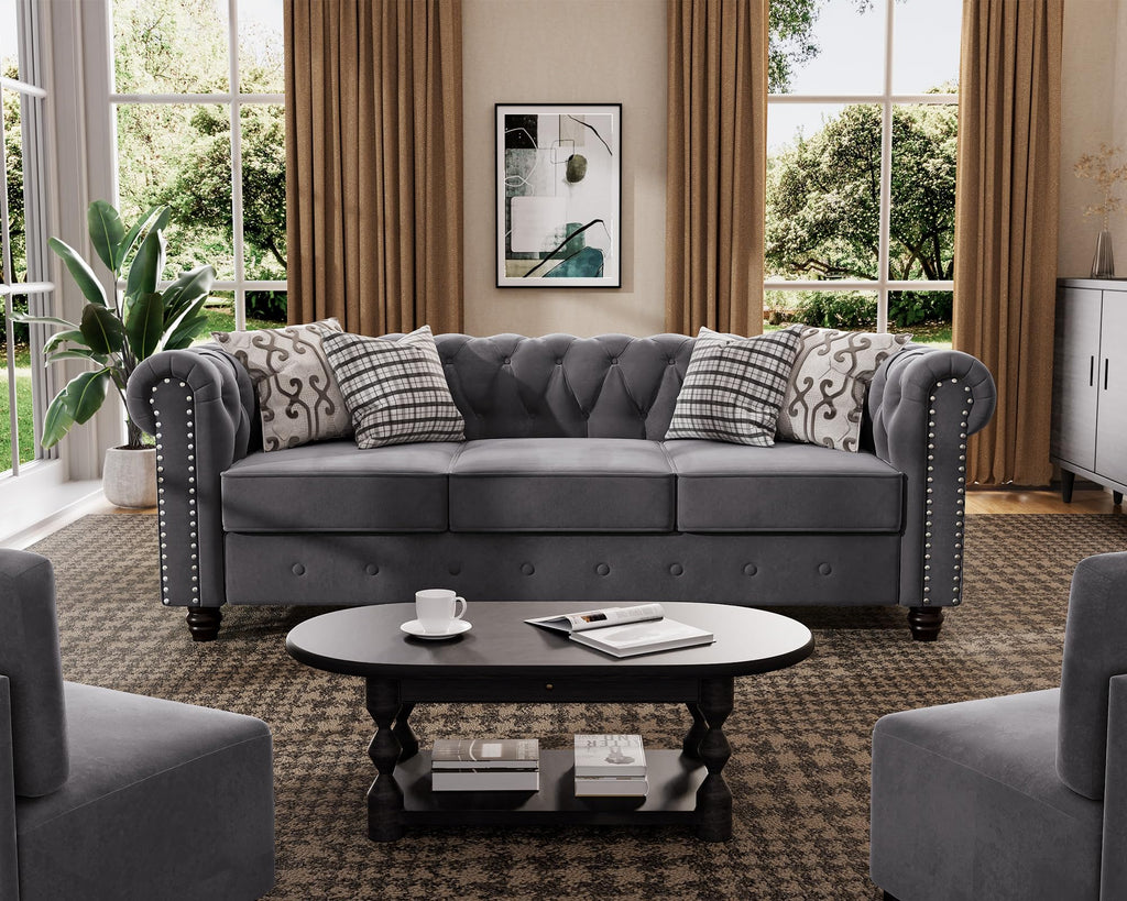 Morden Fort Classic Chesterfield Sofa Set 82'', Tufted Sofa Couch Set with Solid Wood Legs Thick Cushion, Pet-Friendly 3-Seater Sofas Couches for Living Room Bedroom Apartment - Linen Beige