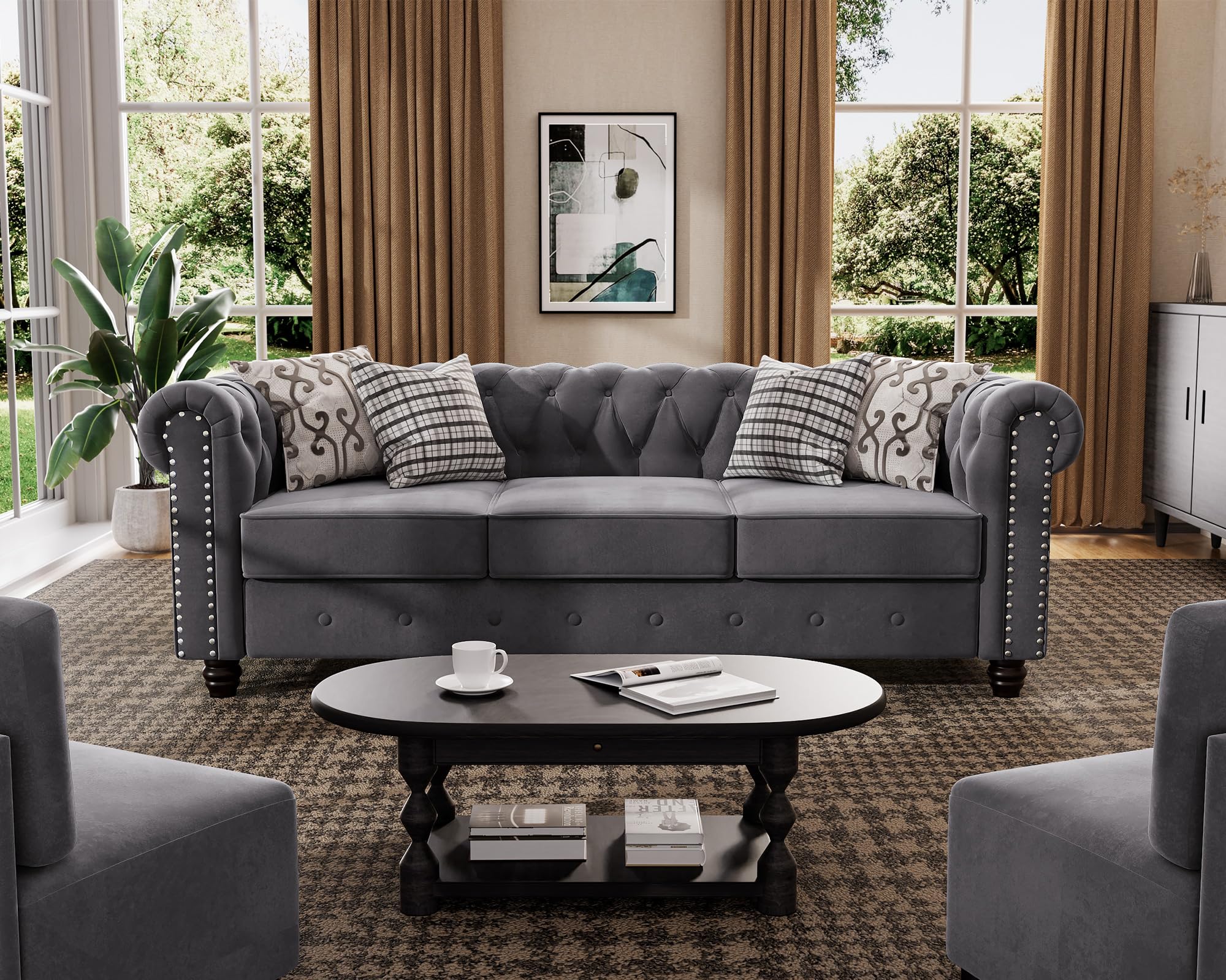 Morden Fort Classic Chesterfield Sofa Set 82'', Tufted Sofa Couch Set with Solid Wood Legs Thick Cushion, Pet-Friendly 3-Seater Sofas Couches for Living Room Bedroom Apartment - Velvet Beige