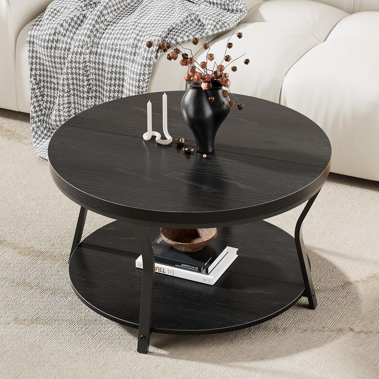 Round Coffee Table, Circle Wood Coffee Tables for Living Room, 2 Tier Industrial Modern Center Table with Thickened Tabletop and Metal Frame, 31.5 inch (Black)