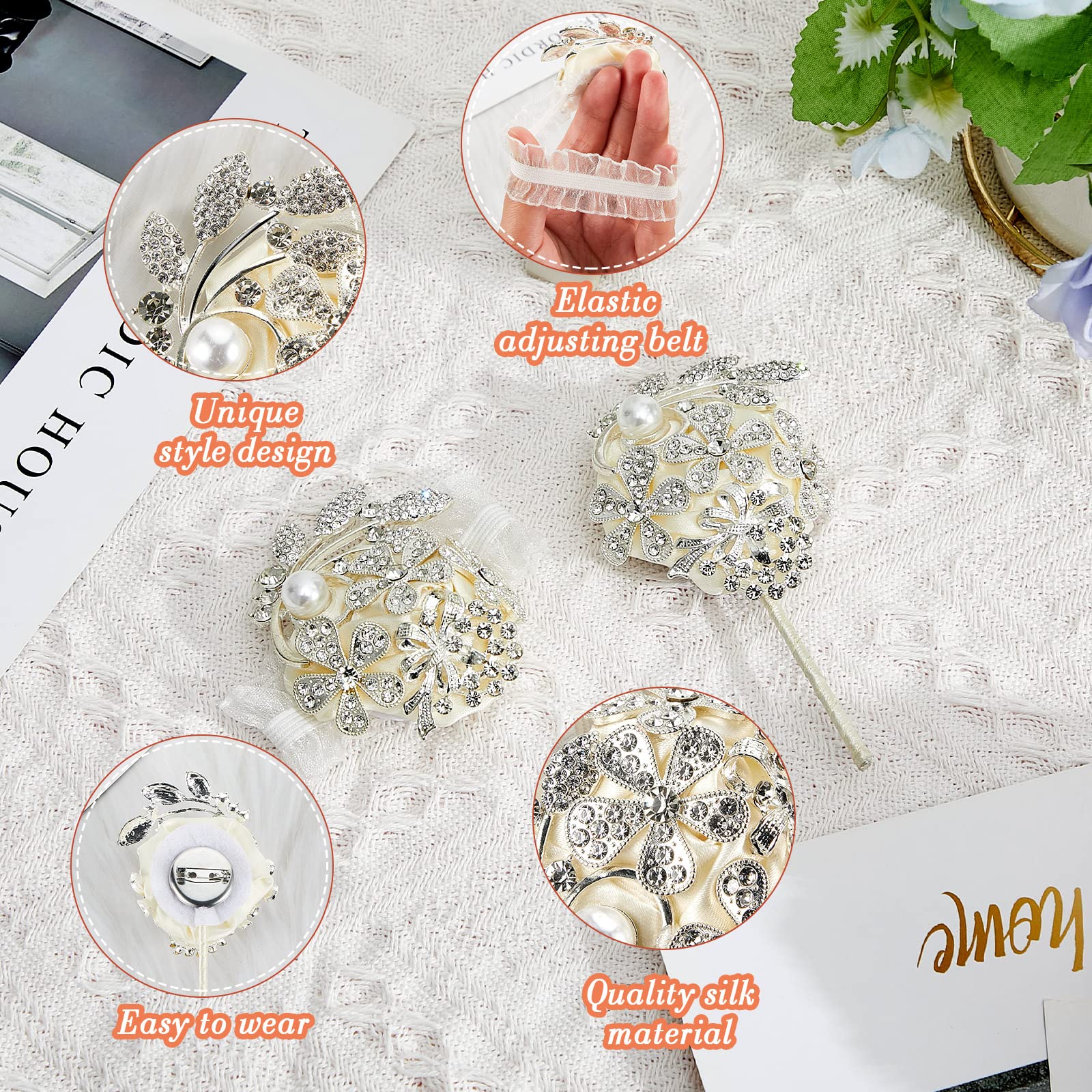 Yunsailing 2 Pcs Artificial Corsages Wrist Flower Rhinestone Wrist Corsage Artificial Silk Corsage Wedding Wrist Corsage for Wedding Boutonniere Wrist Flowers Party Bridal Shower (Silver Ivory)