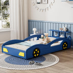 Lit plateforme en forme de voiture de course LUMISOL taille simple, cadre de lit en bois avec roues et barrières de sécurité pour chambre d'enfants, pas besoin de sommier, bleu