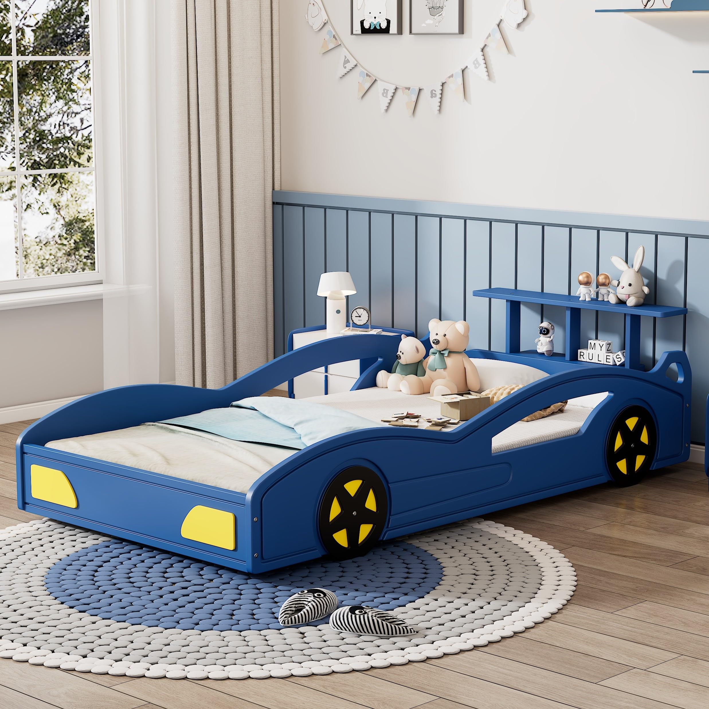 Lit plateforme en forme de voiture de course LUMISOL taille simple, cadre de lit en bois avec roues et barrières de sécurité pour chambre d'enfants, pas besoin de sommier, bleu