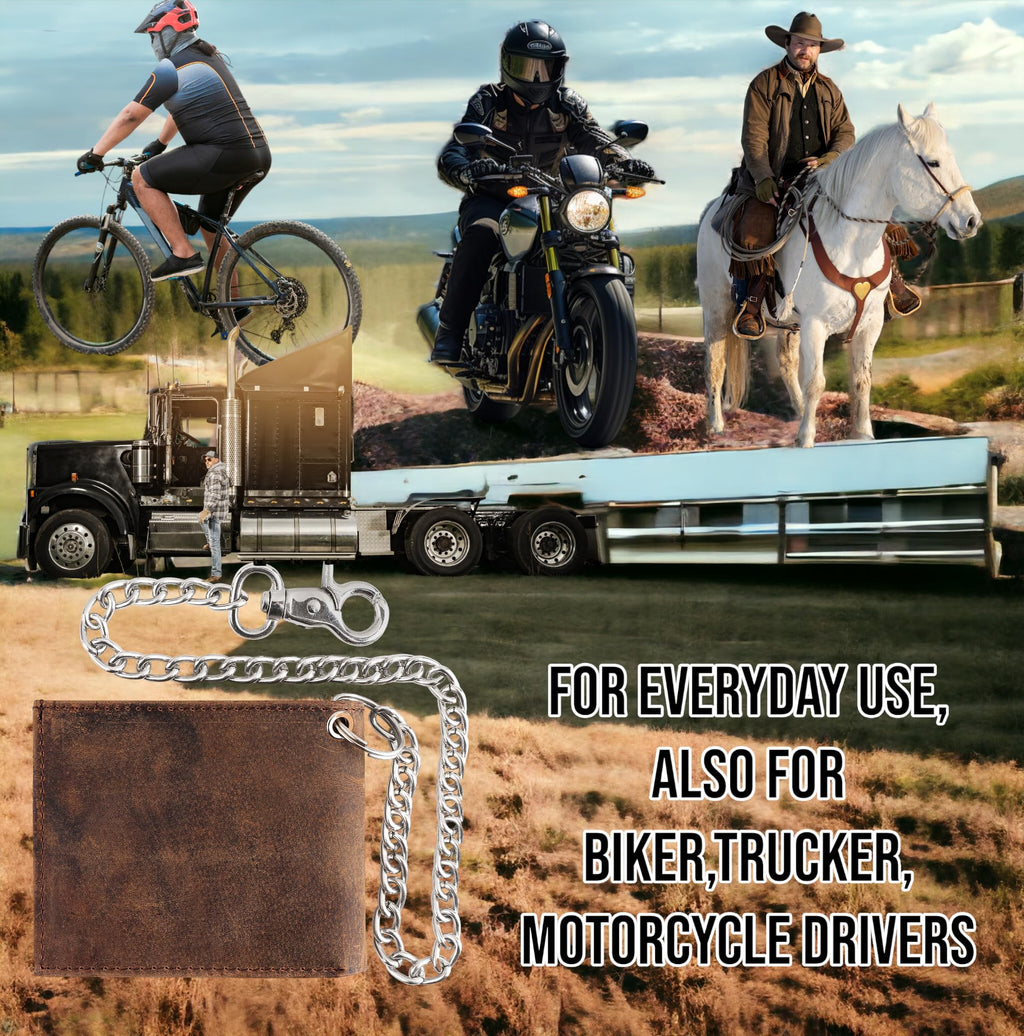 F&L CLASSIC RFID Blocking Mens bi-fold Style Cowhide Leather Steel Chain Wallet, brown vintage leather