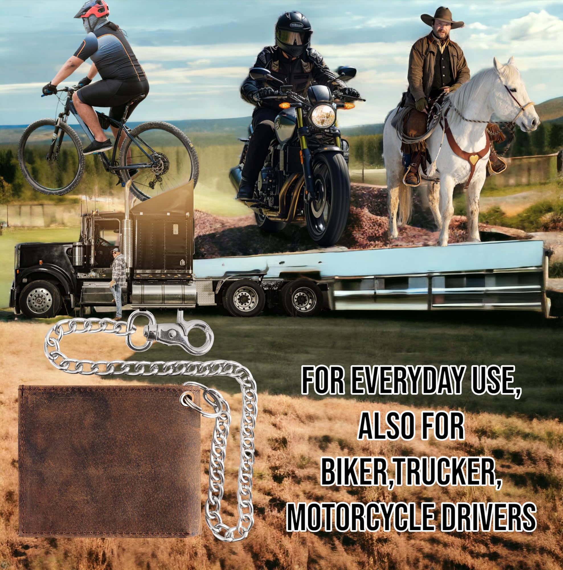 Portefeuille pour homme pliable bi-face en cuir de vachette style classique F&L avec blocage RFID, chaîne en acier, cuir vintage marron