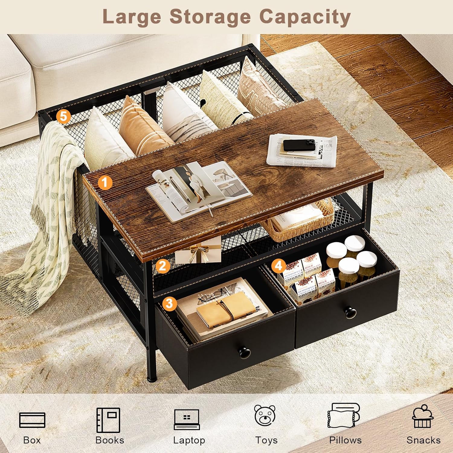 FABATO Flip Top Coffee Table, Square Coffee Tables Metal Wood, Farmhouse Lift Up Coffee Table Cocktail Table with Wire Mesh Barn Door and Storage, Steel Frame, Small Tea Table for Living Room, Black