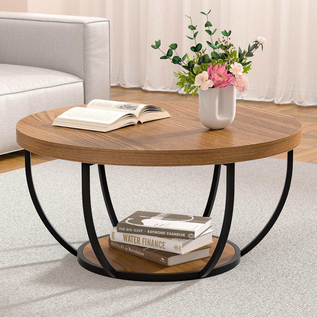 Round Coffee Table, 31" Coffee Table for Living Room Decor, 2-Tier Storage with Steel Frame, Space-Saving Wood Center Table, Modern Style Easy Assembly (Dark Coffee)