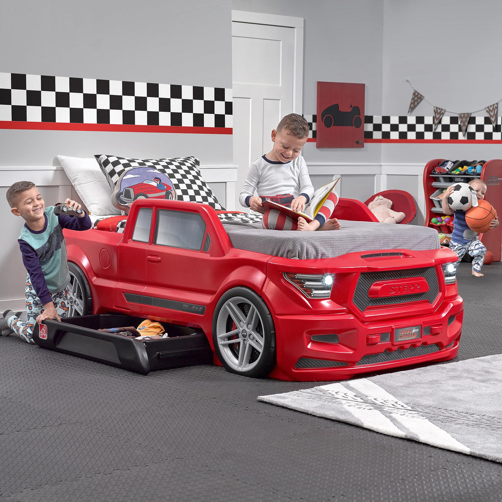 Step2 Turbocharged Twin Size Truck Car Bed, Car Bed for Boys & Girls, Working Headlights & Built-In Storage, Made of Durable Plastic, For Toddlers 3+ Years Old, Vibrant Red