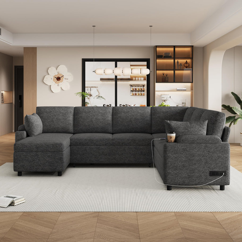 Oversized U-Shaped Sleeper Sectional Sofa Modern Fluffy Corduroy Upholstered Corner Convertible Sofabed with Pull Out Sleeper Couch Bed ,Storage Left Chaise and Pillows for Living Room Furniture Sets