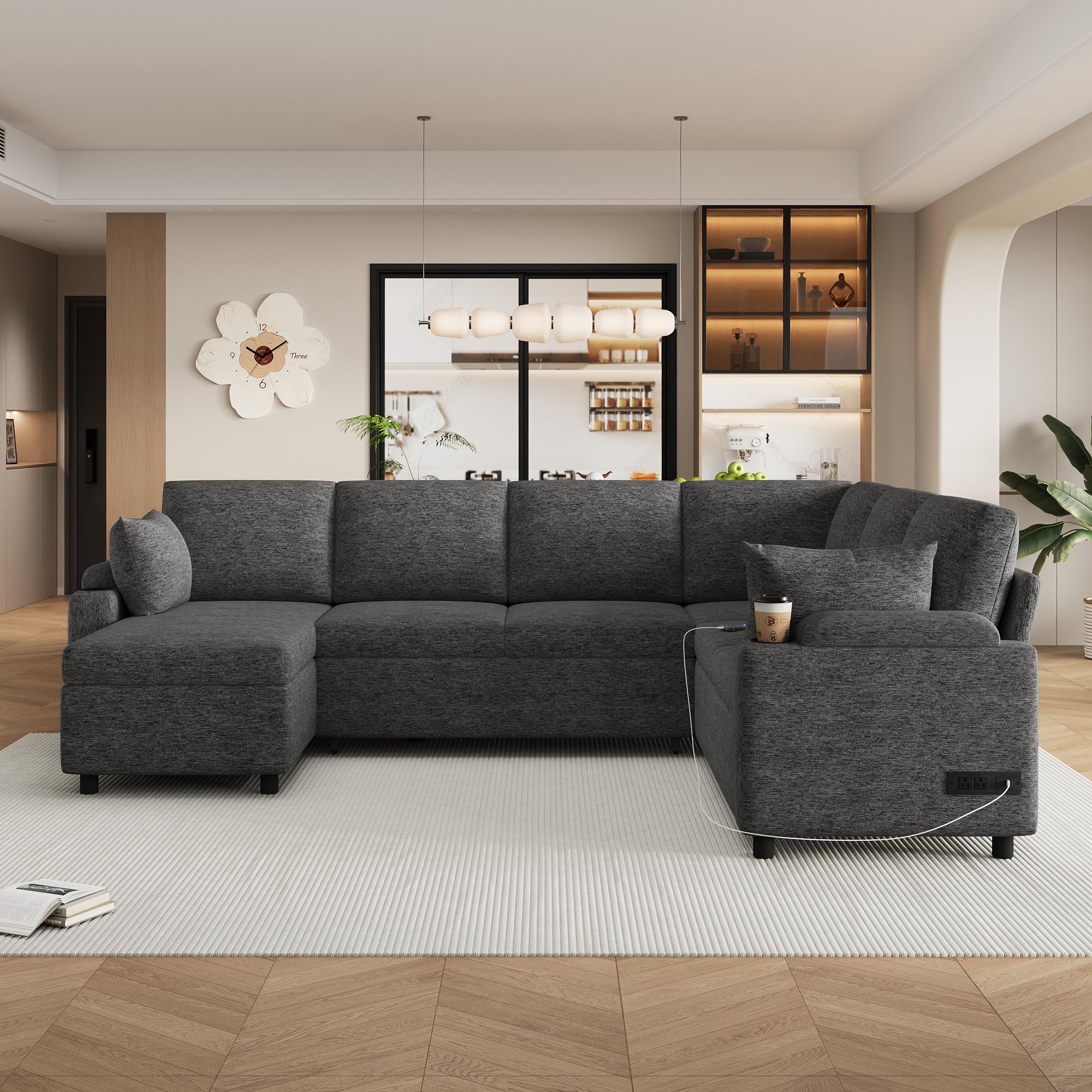 Oversized U-Shaped Sleeper Sectional Sofa Modern Fluffy Corduroy Upholstered Corner Convertible Sofabed with Pull Out Sleeper Couch Bed ,Storage Left Chaise and Pillows for Living Room Furniture Sets