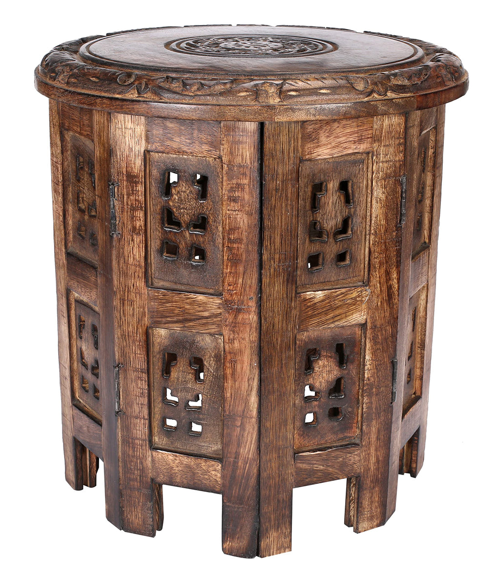 Wooden End Table for Living Room - 18x22 Burnt Finish Carved Side Table, Single Pillar Nightstand, Bedside Table for Books, Plants, Magazines, Small Space Accent Table