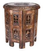 Wooden End Table for Living Room - 18x22 Burnt Finish Carved Side Table, Single Pillar Nightstand, Bedside Table for Books, Plants, Magazines, Small Space Accent Table