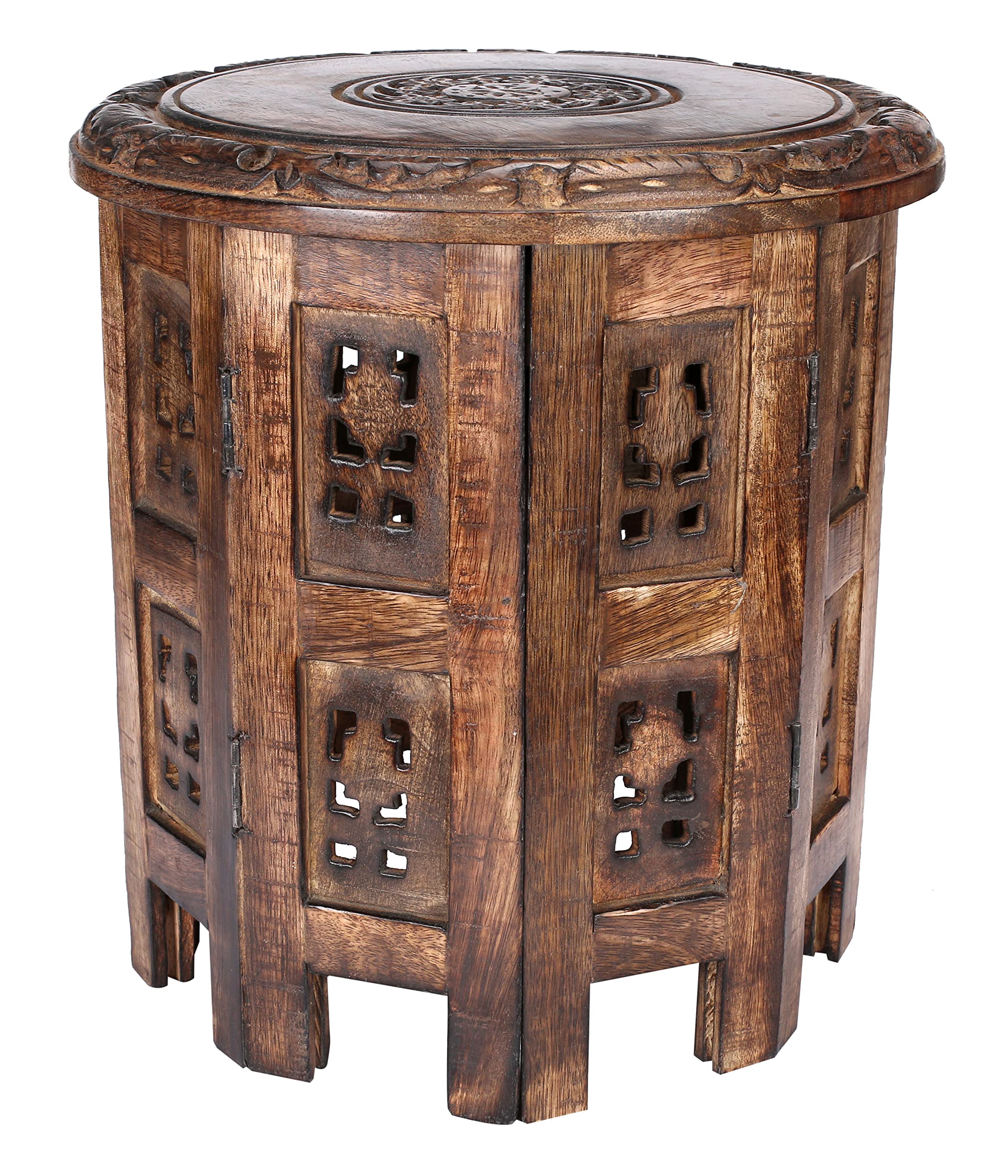 Wooden End Table for Living Room - 18x22 Burnt Finish Carved Side Table, Single Pillar Nightstand, Bedside Table for Books, Plants, Magazines, Small Space Accent Table