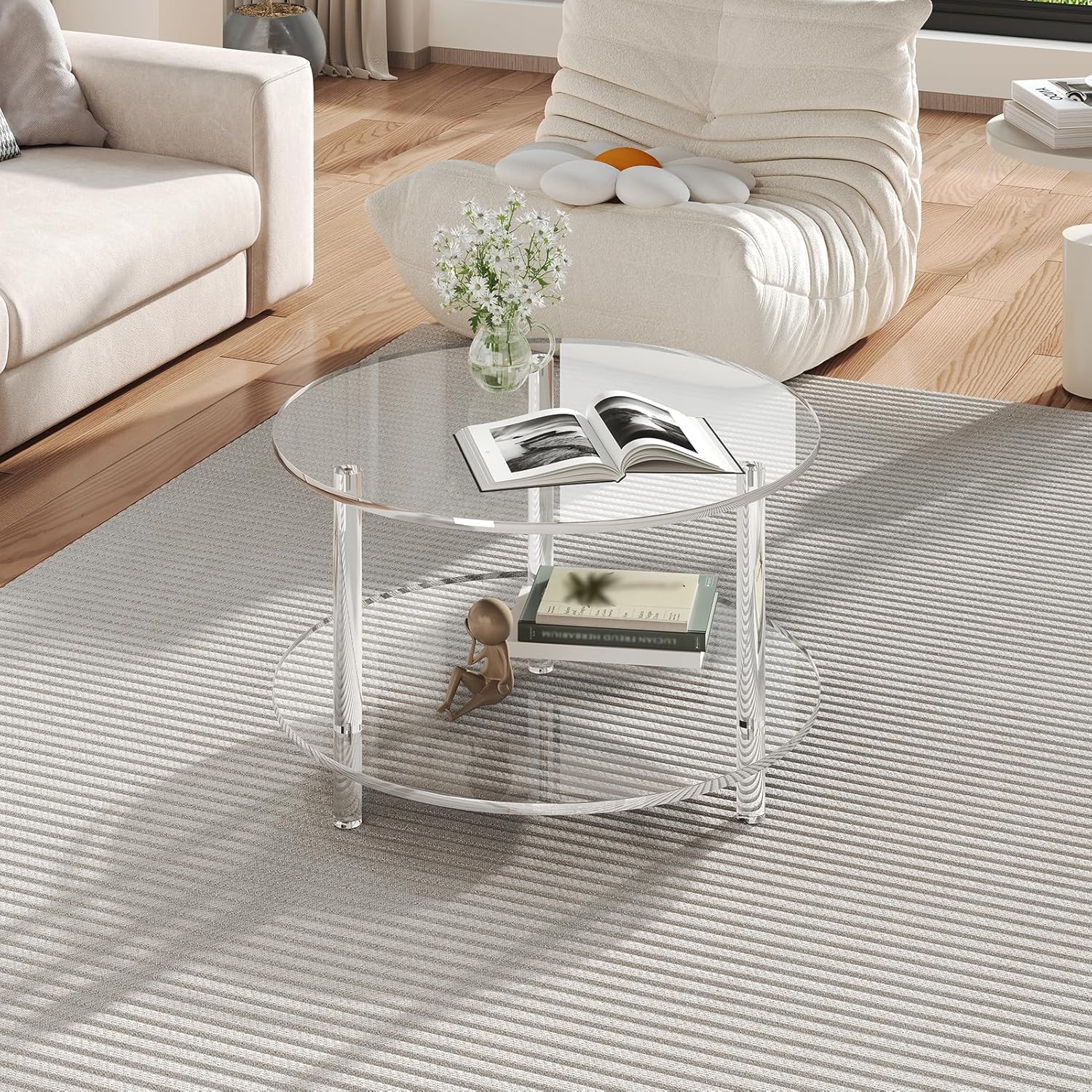 Acrylic Round Coffee Table, 23.6" Wide Modern Tea Table with Storage Shelf, 2-Tier Circle Center Table for Living Room, Office Reception and Apartment (Clear)