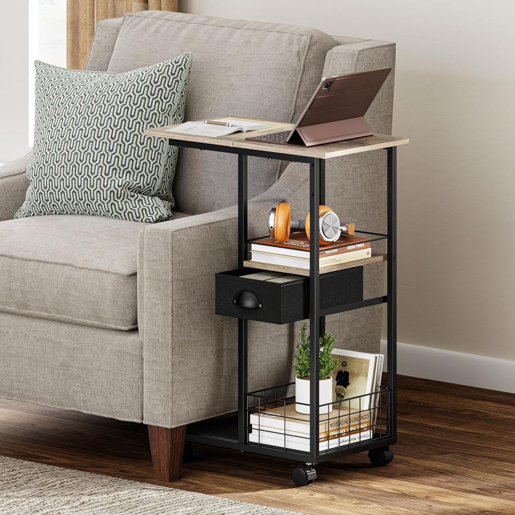 Rolling C Shaped Side Table with Storage Drawer, Ivory Portable Desk on Wheels, Bedside Table for Sofa Couch & Bed, Small Overbed Laptop Desk, Mobile Coffee End Table for Bedroom Living Room Dorm