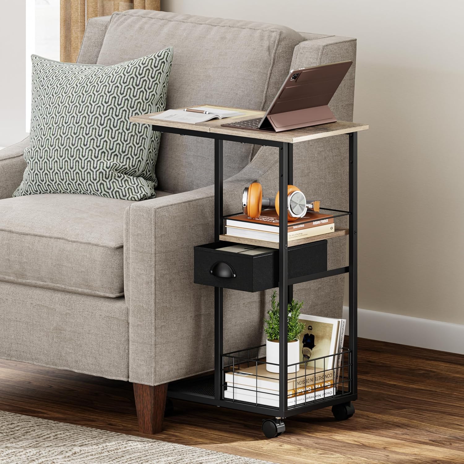 Rolling C Shaped Side Table with Storage Drawer, Ivory Portable Desk on Wheels, Bedside Table for Sofa Couch & Bed, Small Overbed Laptop Desk, Mobile Coffee End Table for Bedroom Living Room Dorm