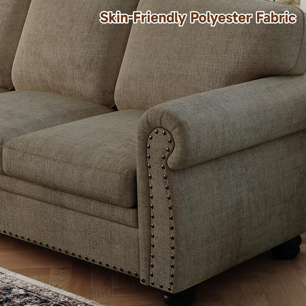 90 Inch Nailhead Trim Couch for Living Room, 23 Inch Deep Seat Rolled Arm Sofa, Comfy Upholstered 3 Seater Chenille Couch w/Wooden Leg, Large Traditional Sofa for Farmhouse, Brown