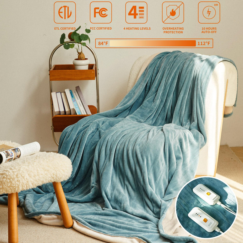 JET'S HOME Heated Blanket 50"x60" - ETL Certified Flannel Electric Blanket Throw Machine Washable Heating Blanket with 5 Heating Levels 3 Hours Auto-Off Warm Blanket Gift for Christmas (Blue)