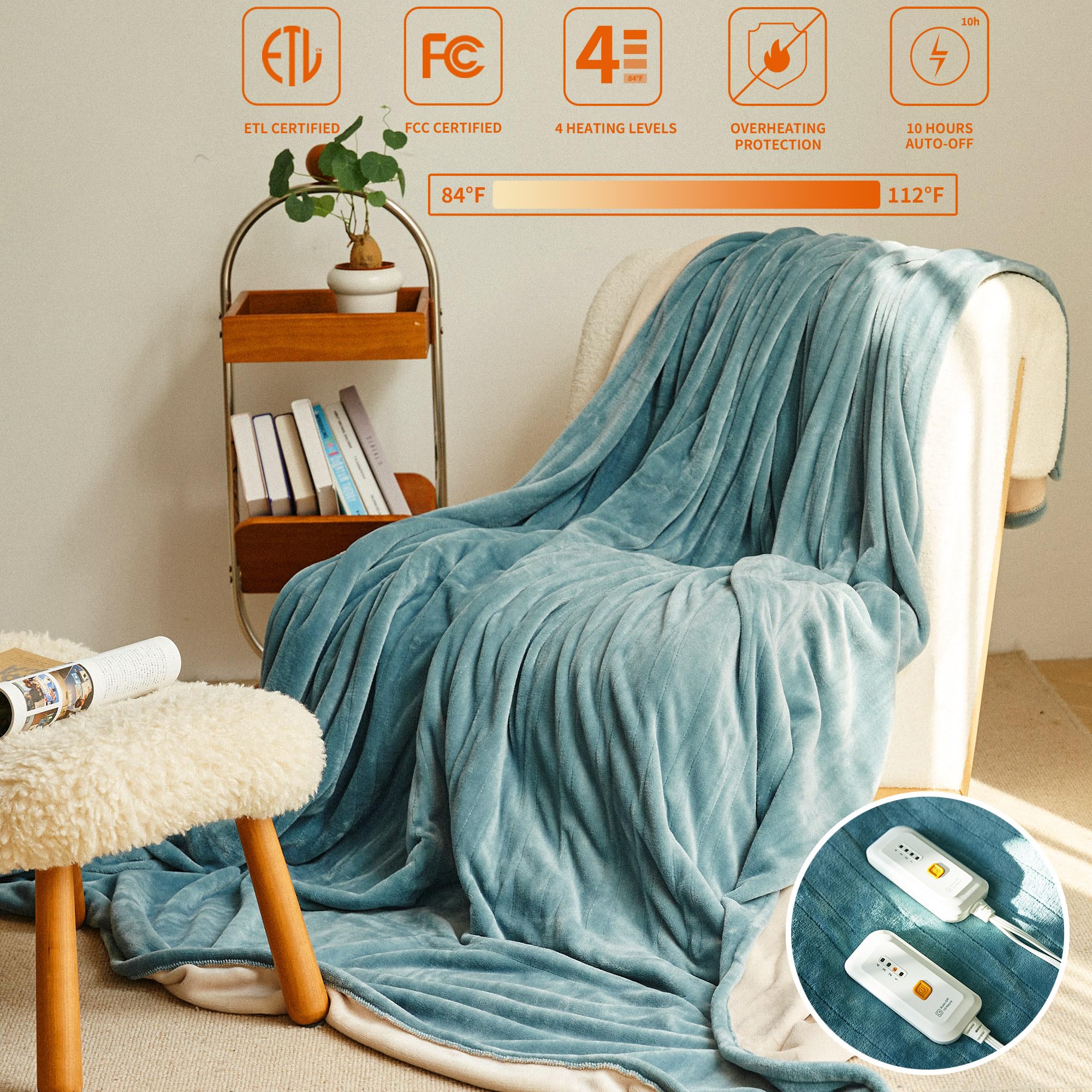 JET'S HOME Heated Blanket 50"x60" - ETL Certified Flannel Electric Blanket Throw Machine Washable Heating Blanket with 5 Heating Levels 3 Hours Auto-Off Warm Blanket Gift for Christmas (Blue)