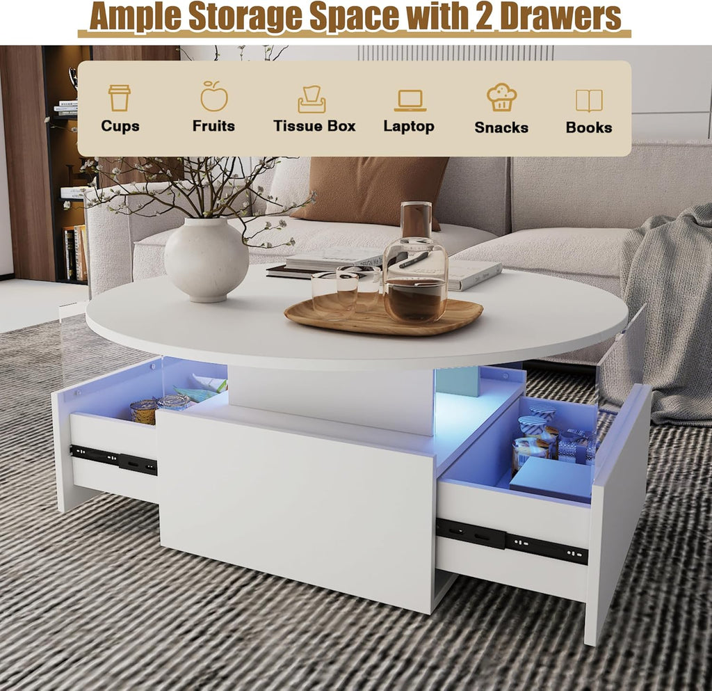 31.5" Round Coffee Table for Living Room, LED Modern Living Room Table with Storage, Square Acrylic Coffee Tables with 2 Sliding Drawers, Wood Center Table for Reception Dinning Room, White