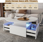 31.5" Round Coffee Table for Living Room, LED Modern Living Room Table with Storage, Square Acrylic Coffee Tables with 2 Sliding Drawers, Wood Center Table for Reception Dinning Room, White