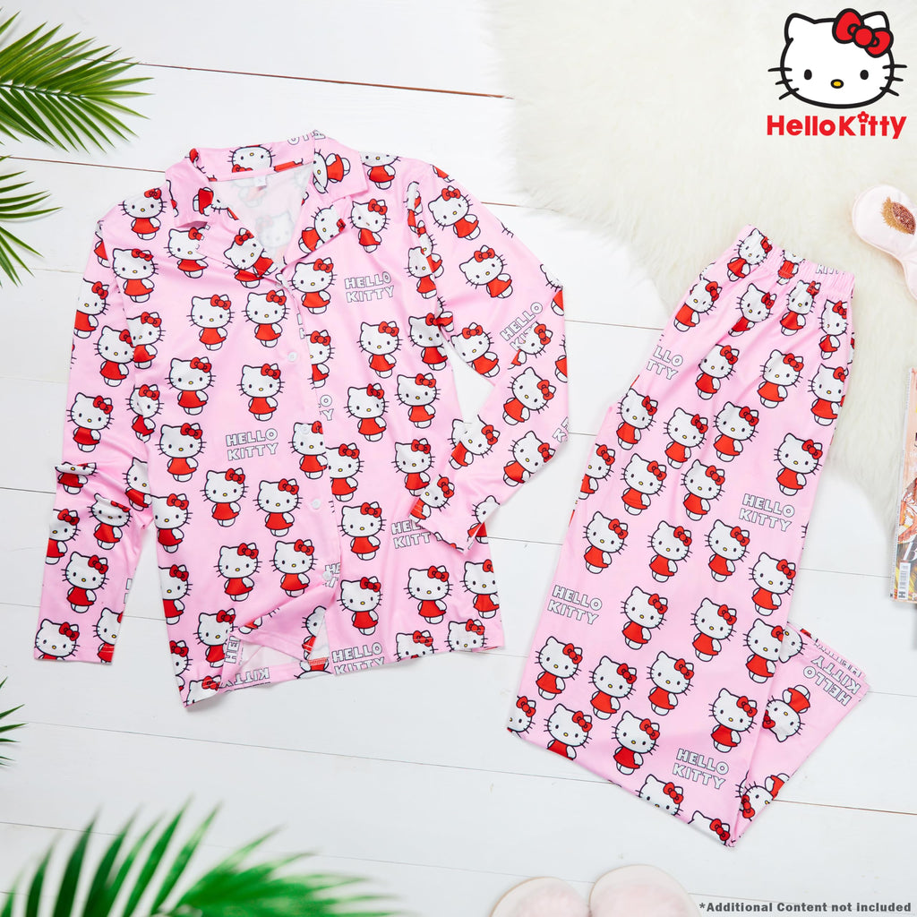 Hello Kitty Pajamas for Women Teens Long PJs Comfy Kawaii Button Down Lounge Set (Pink, XL)