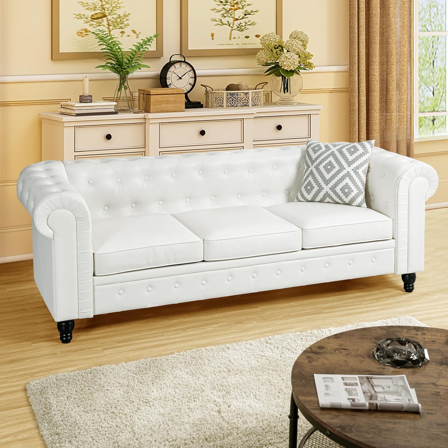 Emery Chesterfield 3 Piece Living Room Sectional Sofa Set Rolled Arms, Tufted Cushion Sofas for Living Room Set Includes Sofa, Loveseat Couch, Accent Arm Chair / Easy Tool-Free Assembly – Off White