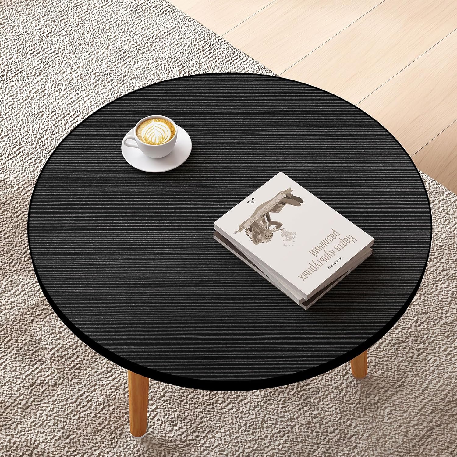Round Coffee Table Low Table with 3 Solid Wood Sturdy Legs, Floor Table Desk for Sitting on The Floor, Storage and Living Room Furniture (Black)