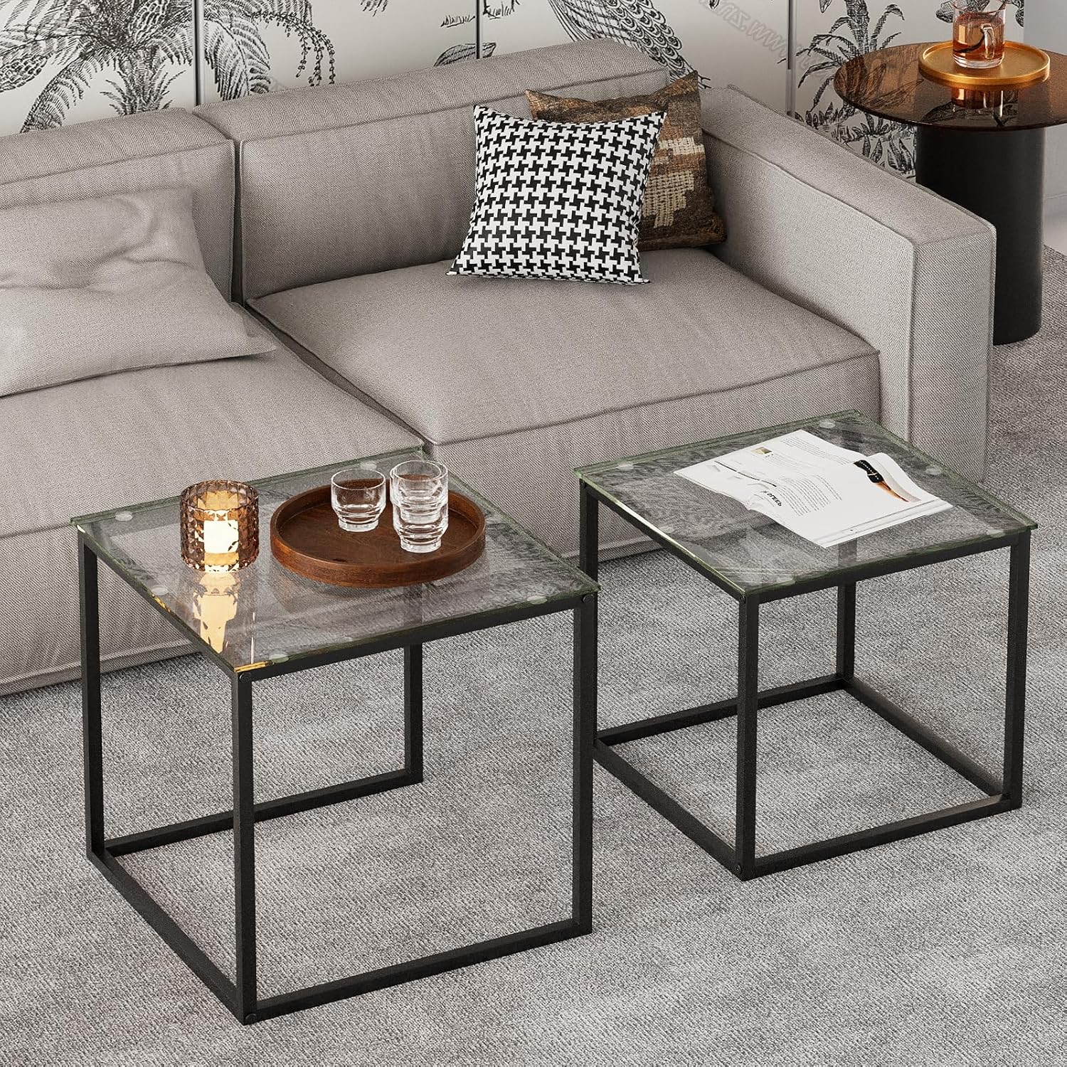 VILAWLENCE Coffee Table Set of 2, Modern Black Glass Side Table, Metal Frame Square End Table, Center Tables,Nesting Coffee Table for Living Room,Bedroom and Small Spaces