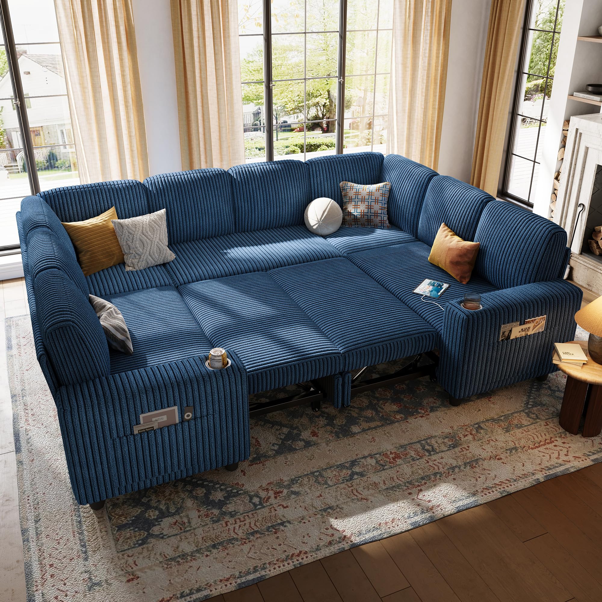 LINSY HOME Sectional Sleeper Sofa with Pull Out Couch Bed - Convertible Plush Corduroy Cloud Couch with Storage Chaise & USB Charging, Comfy Modular Couches for Living Room, Green