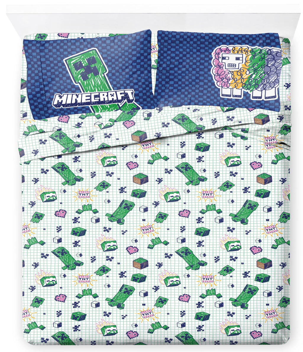 Jay Franco Kids Sheet Set with Fitted, Flat Sheets & Pillow Cover - Ultra-Soft Bedding with Pillowcase for Room Decor, Blue - Minecraft Creeper, 4 Piece Full
