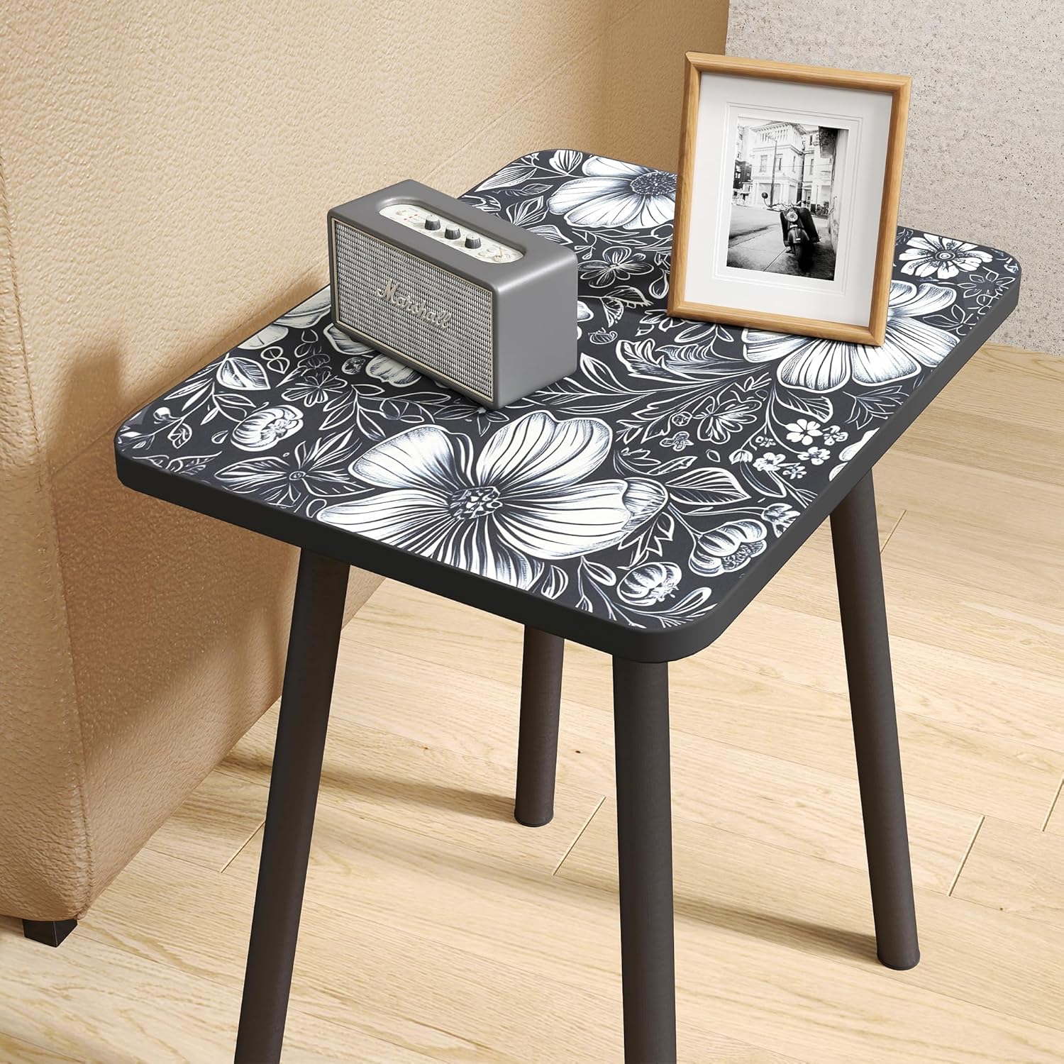 Mandala Small Rectangle End Table, Side Table with Black Flowers Finish, Retro Modern Small Coffee Table for Balcony, Living Room(11.8" D x 15.7" W x 17" H, Black, Rectangle)