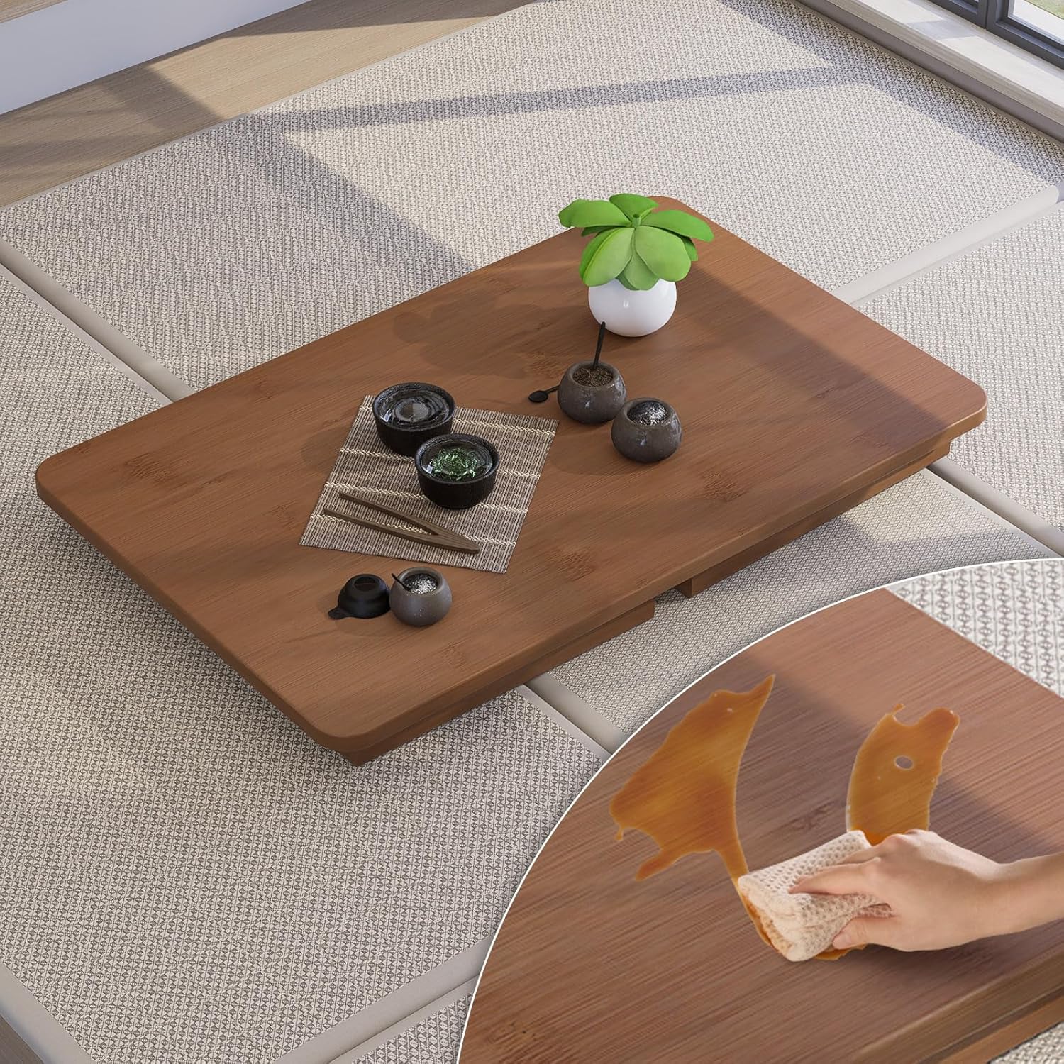 31.5" Folding Coffee Table for Small Spaces, Foldable Japanese Table, Low Table for Tatami - No Assembly, Natural Bamboo Wood Material, for Farmhouse, Living Room, Bedroom (Walnut)