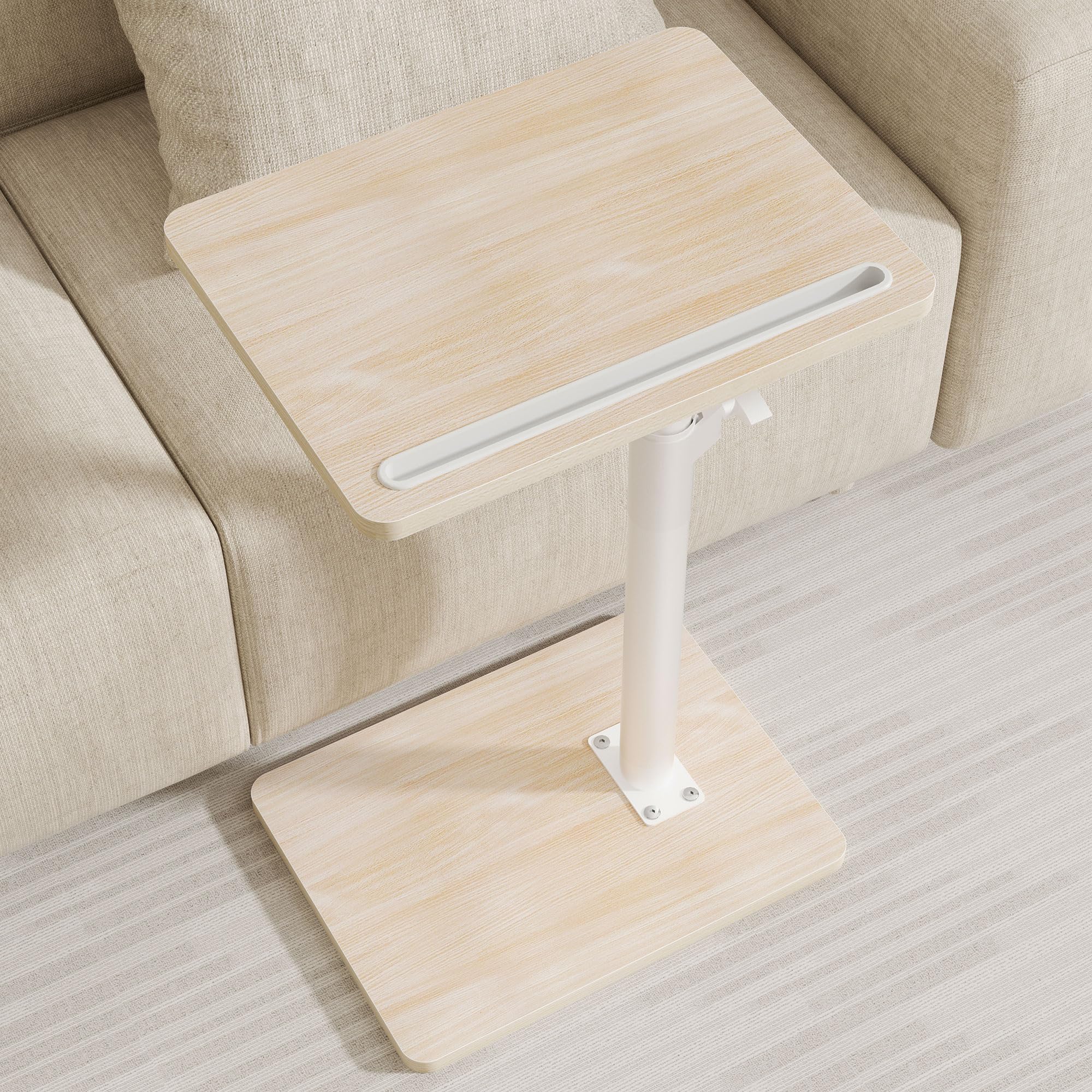 Sofa Armrest Tray Table for Couch - 360° Swivel Height Adjustable End for Small Spaces, Snack Side Table for Bed or Chair with Phone & Tablet Slot (Rustic,Standard)