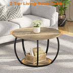 GreenForest Round Coffee Table with 2-Tier Open Storage, 27.6 inch Small Circle Coffee Tables with Adjustable Feet, Modern Mini Center Table for Small Living Room, Grey Wash