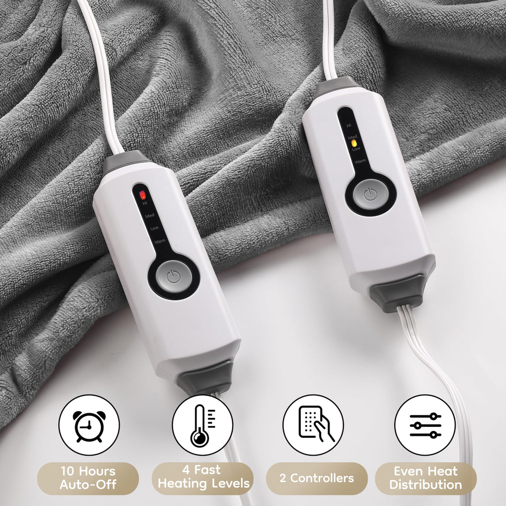 Elektrisch verwarmd deken 72" x 84" volledige maat flanellen stof met 4 verwarmingsniveaus & 10 uur automatische uitschakeling, ademend warm en wasbaar voor zacht en bed - lichtgrijs
