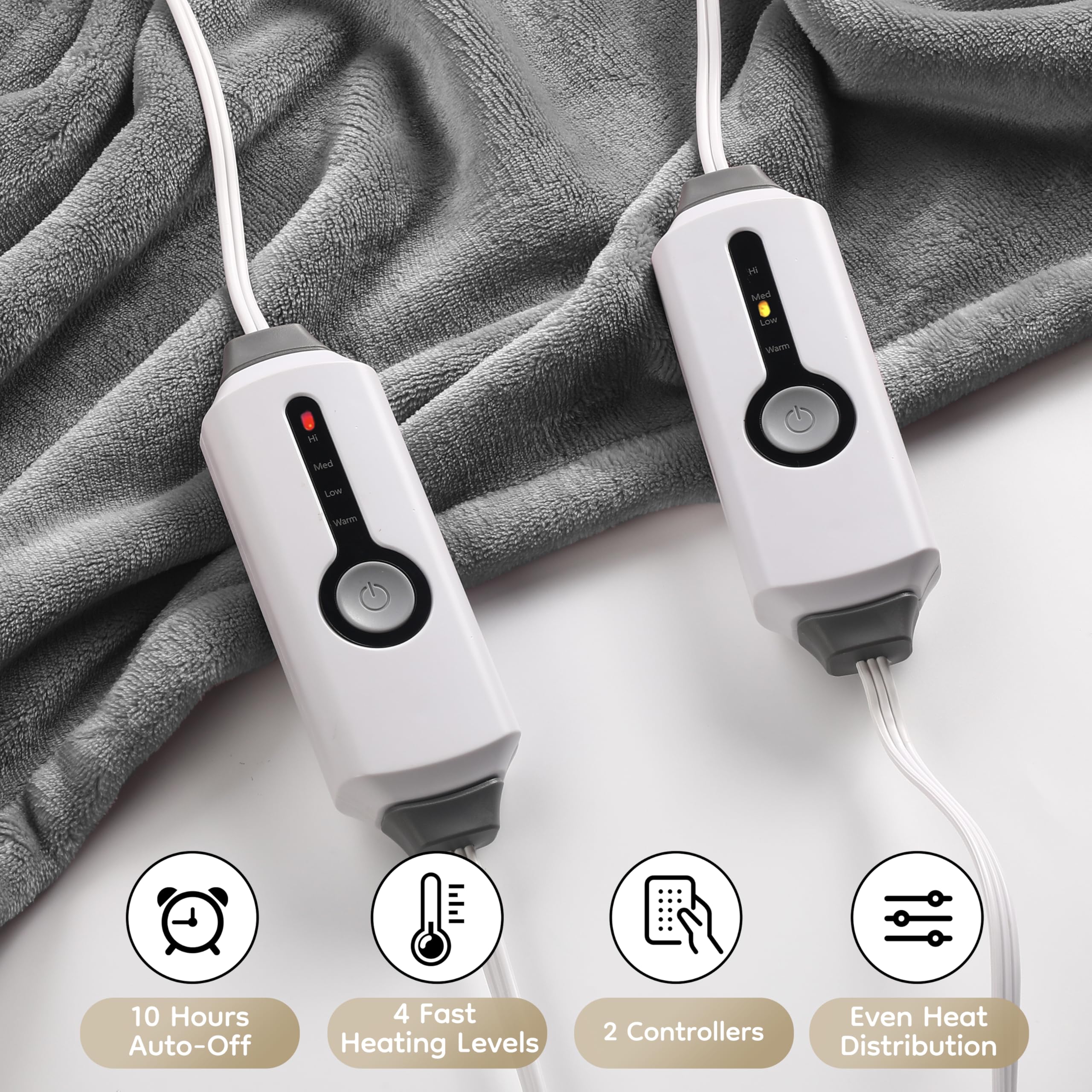 Elektrisch verwarmd deken 72" x 84" volledige maat flanellen stof met 4 verwarmingsniveaus & 10 uur automatische uitschakeling, ademend warm en wasbaar voor zacht en bed - lichtgrijs