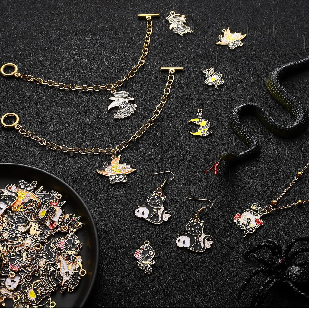 Sasylvia 48 Pcs Halloween Charms for Jewelry Making Black Gothic Charms Include 12 Style Crow Skull Snake Cat Moon for Halloween Party Decoration Gifts DIY Art Craft