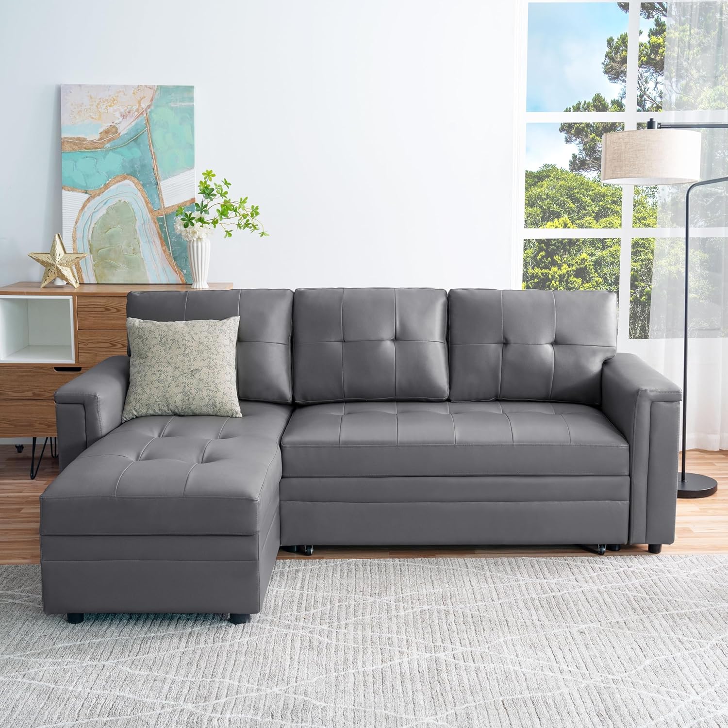 Naomi Home Lily Sectional Sleeper Sofa with USB Ports-L-Shaped Couch Convertible Pull-Out Bed, Ample Storage, Timeless Design, Sturdy Construction, Long-Lasting for Modern Living, Gray, Air Leather