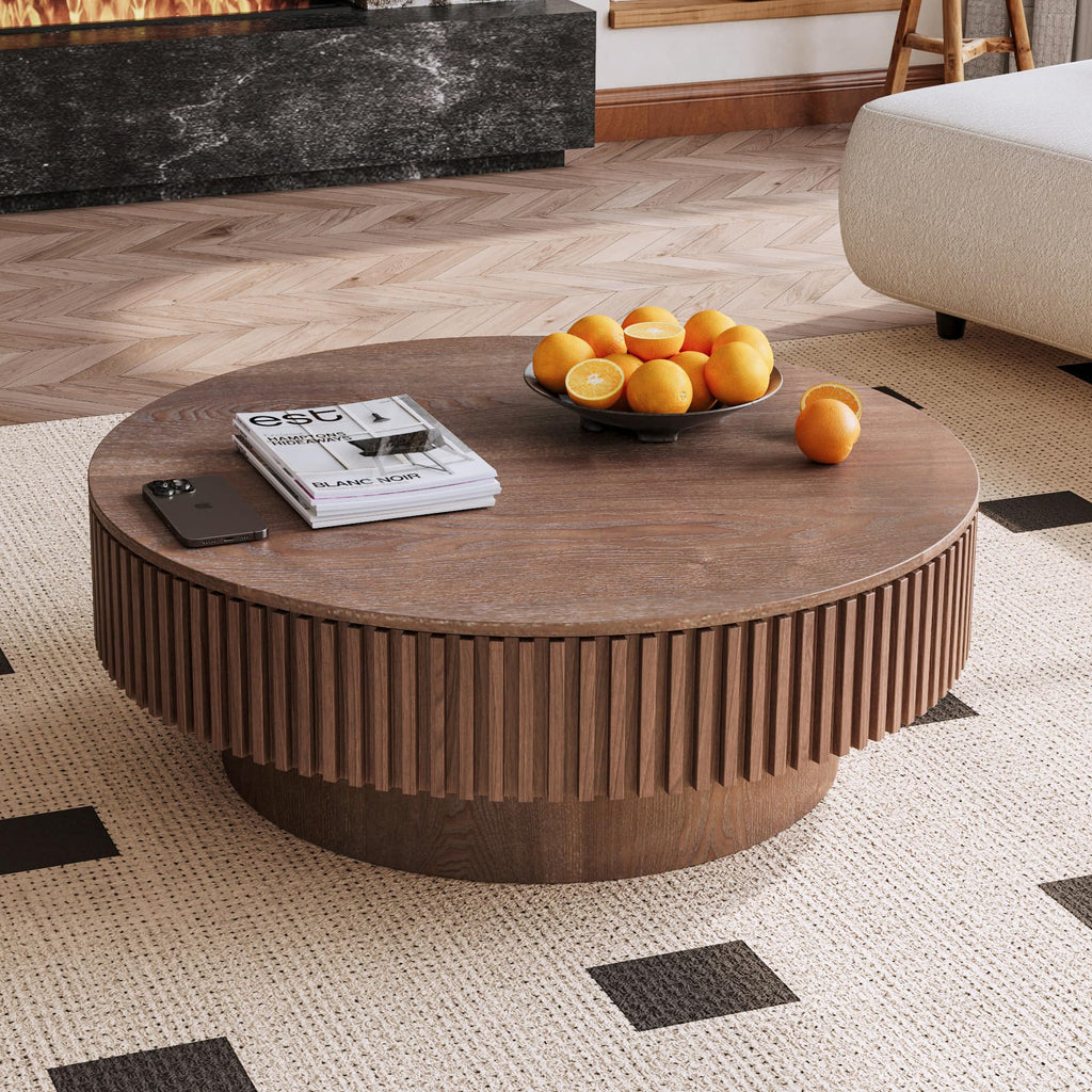 Round Coffee Table for Living Room Contemporary Wood Circle Fluted Coffee Table for Apartment, Easy Assembly ø31.49'', Wood Oak