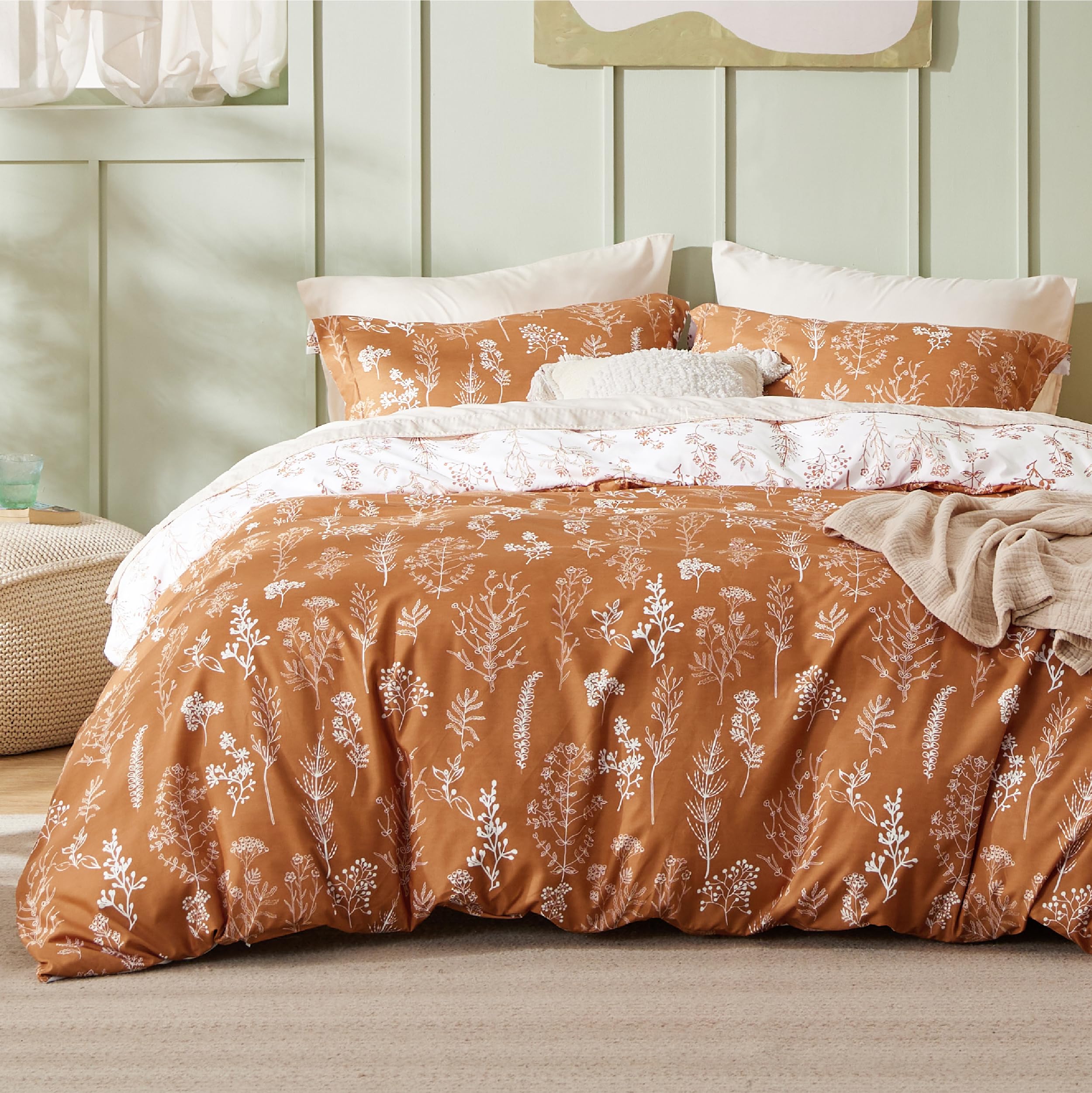 Bedsure 掛け布団カバー クイーンサイズ - リバーシブル花柄掛け布団カバーセット ジッパー付き グリーン寝具セット 3点セット 1枚の掛け布団カバー 90"x90" 8つのコーナータイ付き と 2つの枕カバー 20"x26"