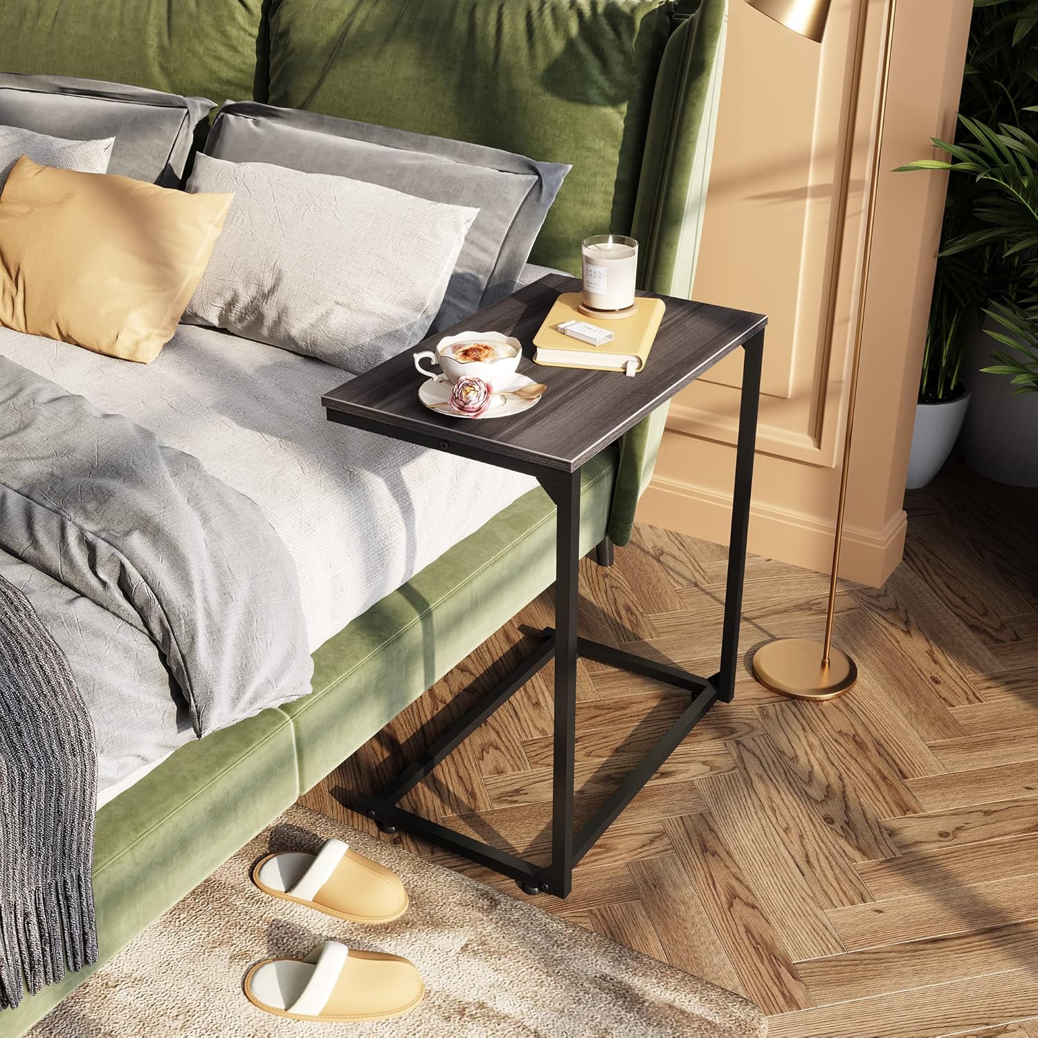 WLIVE C Shaped End Table, Small Couch Side Table for Coffee & Snack, Sofa Table That Slide Under for Living Room, Bedroom, 14.6 x 22.8 x 26.3 Inches, Grey