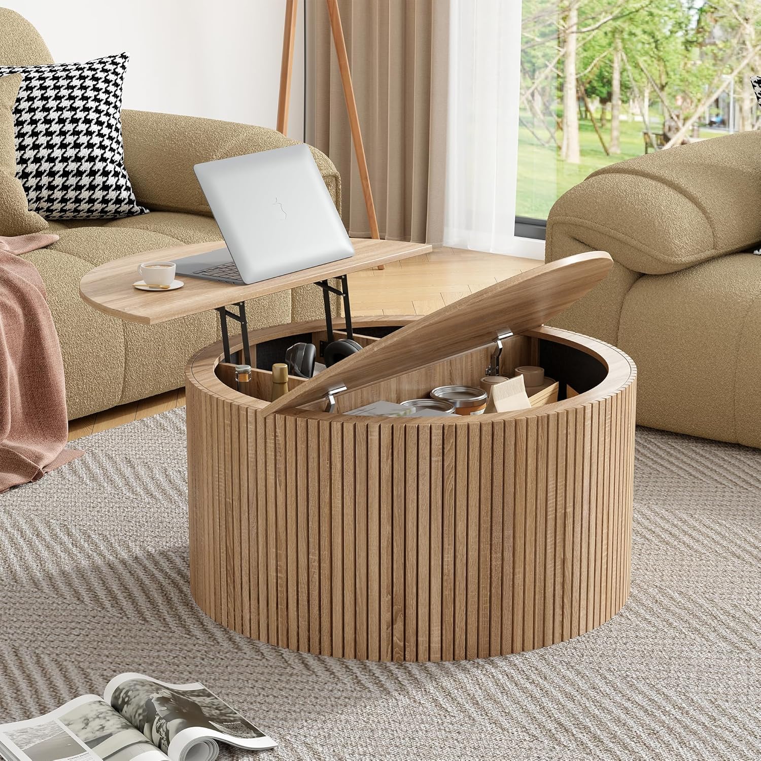 Round Fluted Lift Top Coffee Table, Mid Century Modern Center Table with Storage and Compartment, 2 Tier Small Circle Dining Table, for Living Room, Home Small Space, Natural