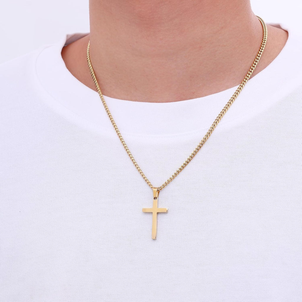 Fiusem Cross Necklace for Men and Women, Gold Plated Mens Cross Necklaces with 3.5mm Cuban Chain, Stainless Steel Pendant Chain 16-24 Inches